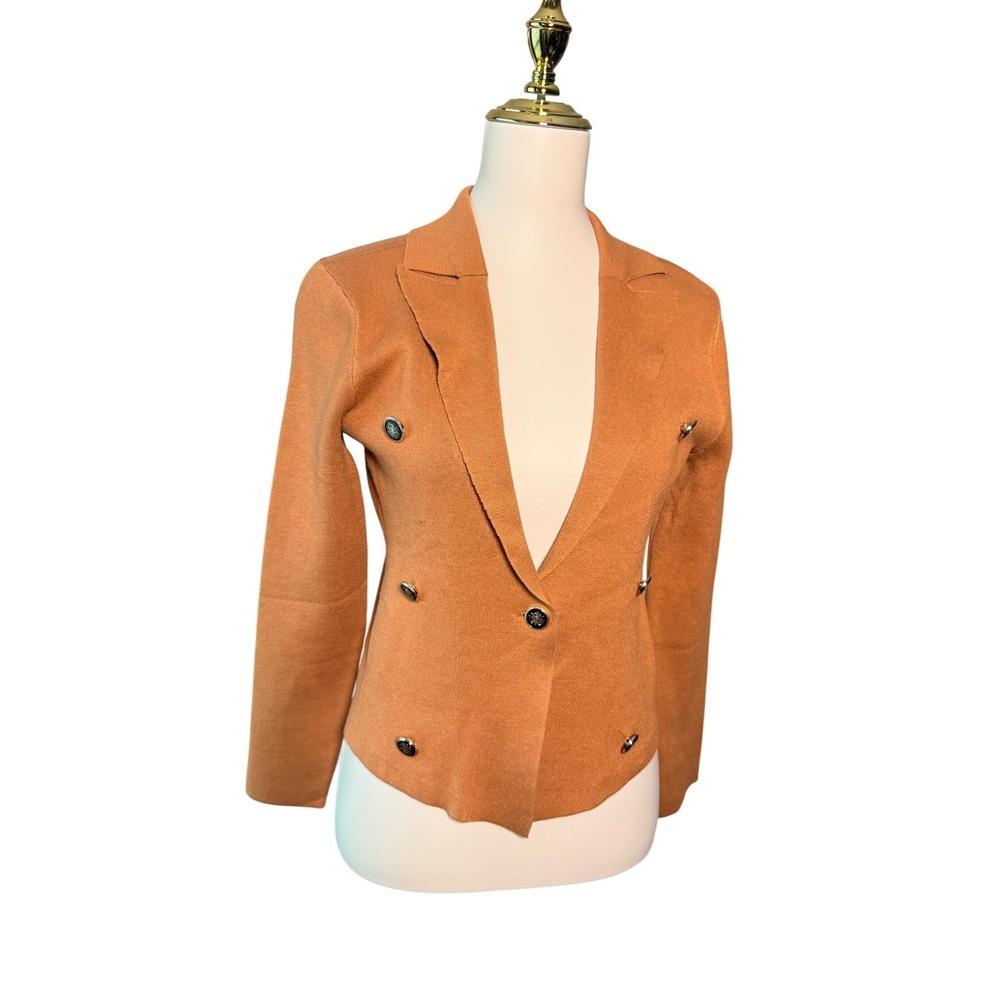 by MM XS Camel Knit Double Breasted Blazer NWT Crest Buttons Tailored